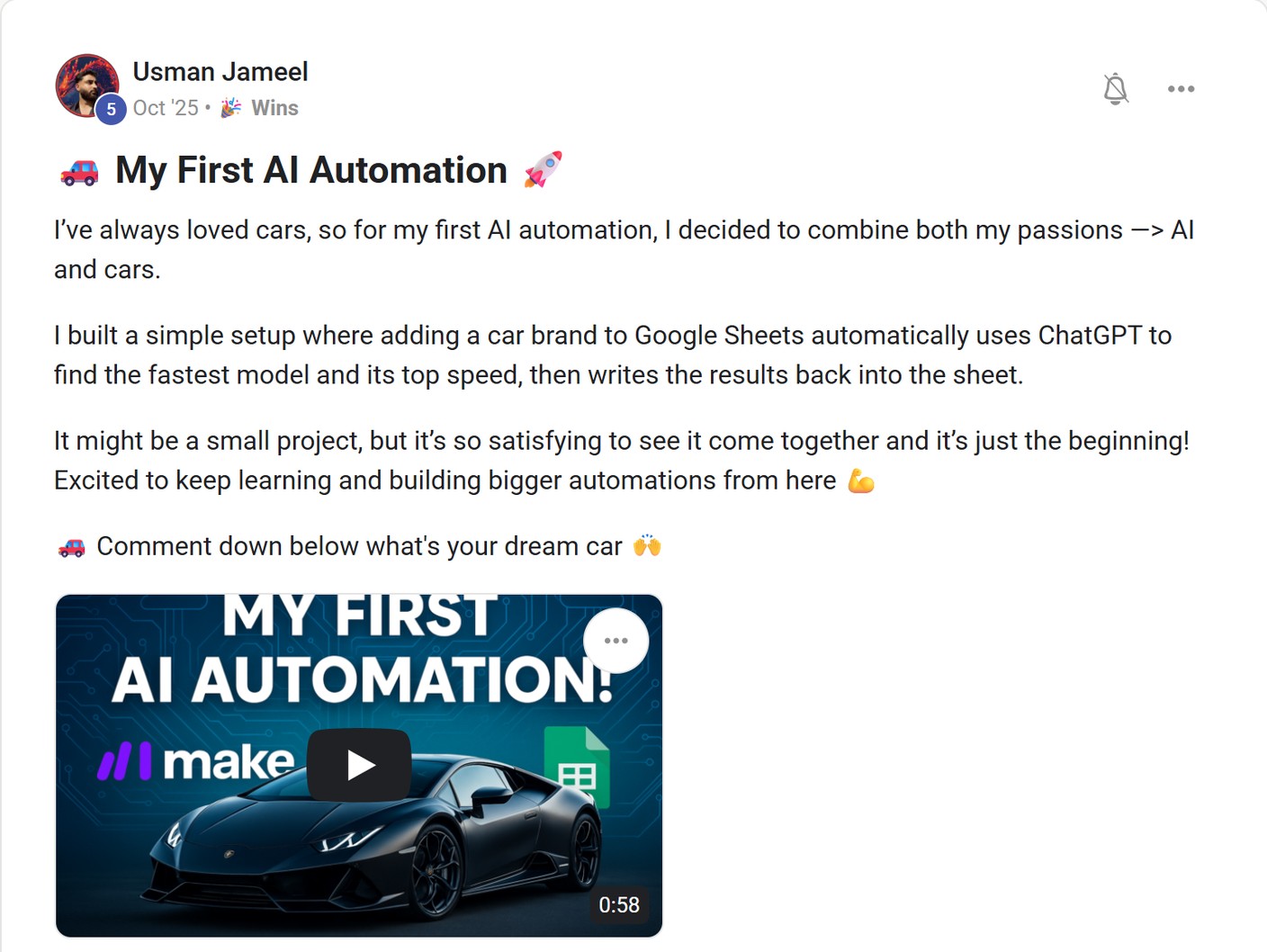 Skool post by Usman Jameel about OpenAI: Connecting ChatGPT to Google Sheets