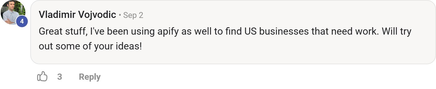 Skool comment by Vladimir Vojvodic about Apify: Finding businesses for outreach