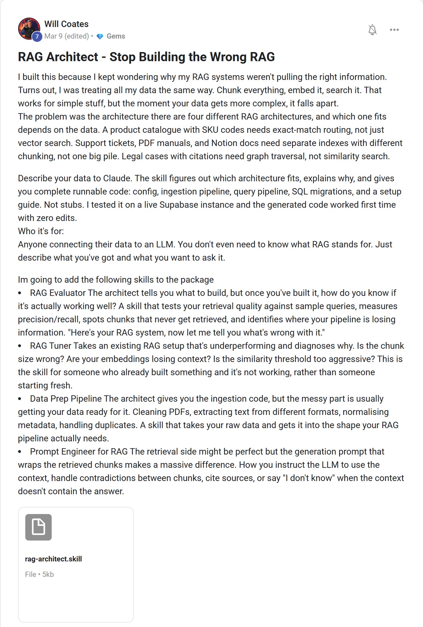 Skool post by Will Coates about Supabase: Testing generated RAG code on Supabase