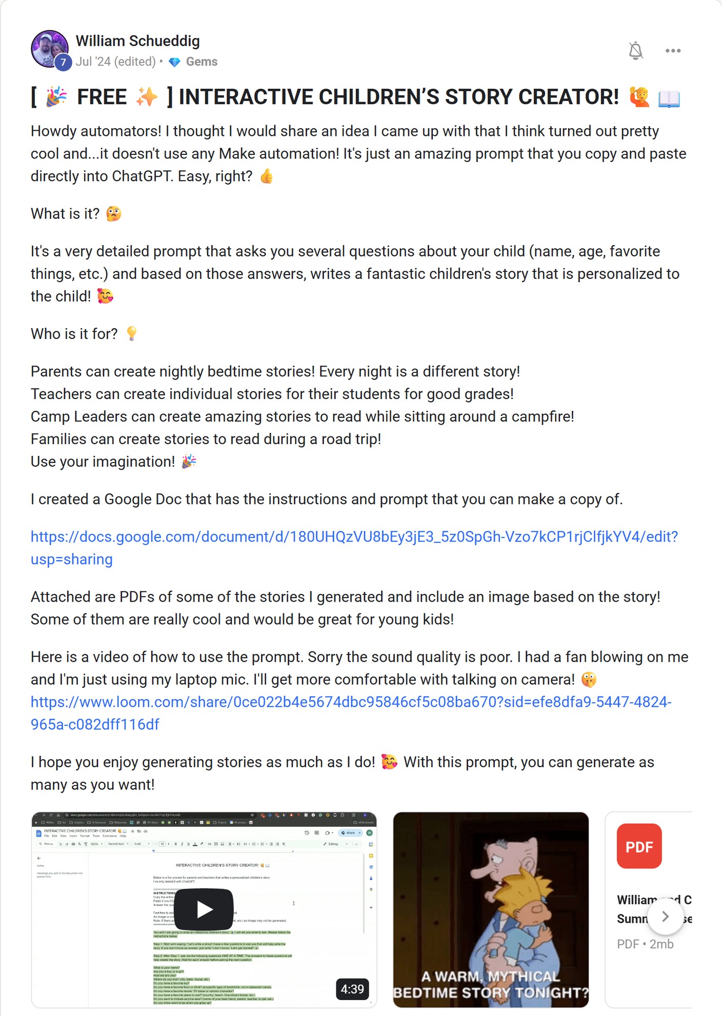 Skool post by William Schueddig about OpenAI: Creating personalized children’s stories