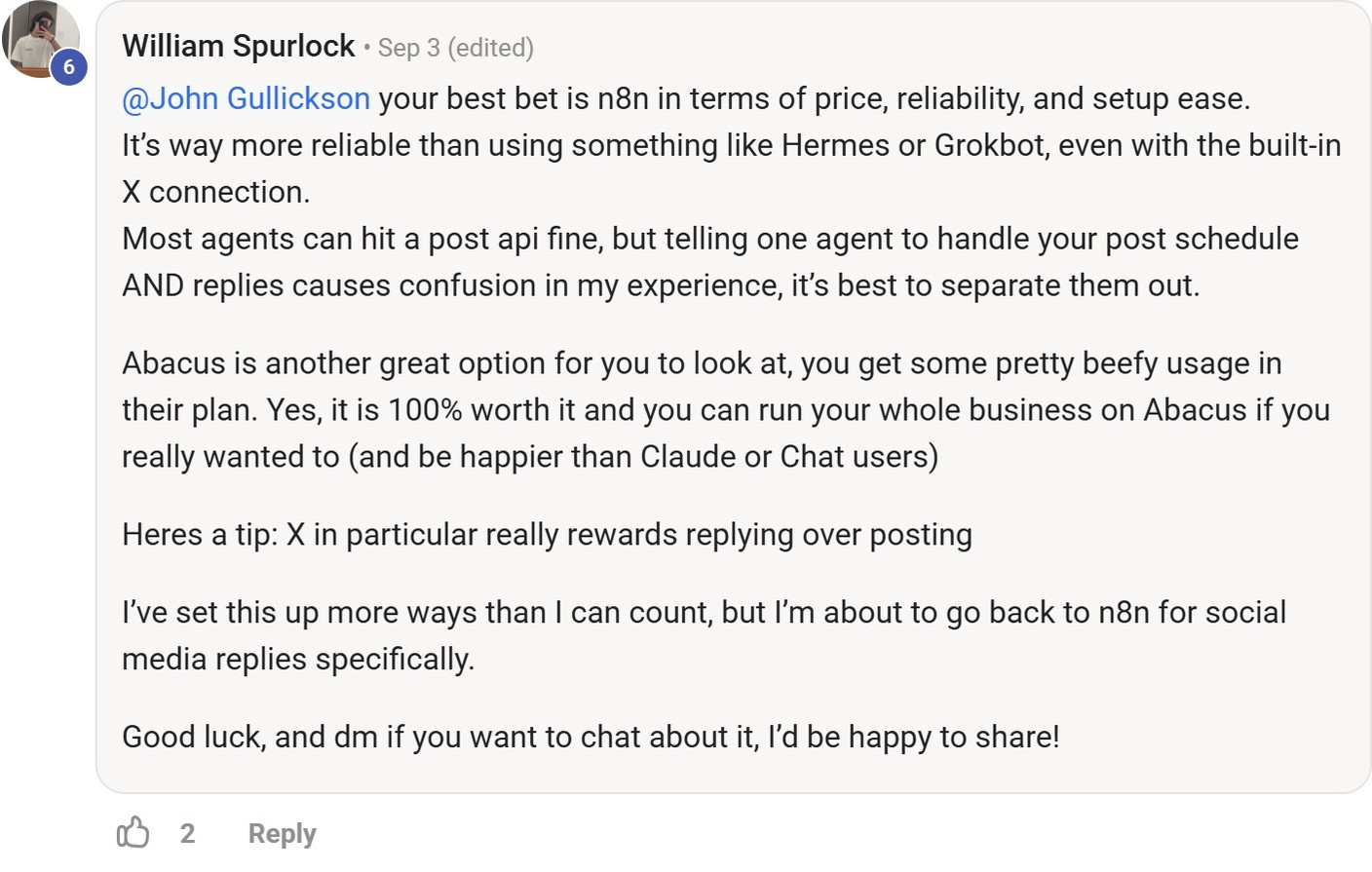 Skool comment by William Spurlock about Abacus.AI: Recommending an automation platform
